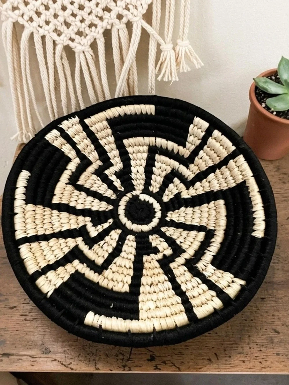 Woven Basket Wall Set, Black Natural Mixed Pattern Boho Gallery Decor